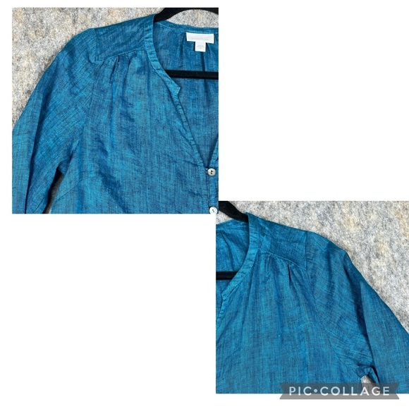 Pure Jill Linen Aqua Blue 3/4 Sleeve Easy Button-Front Lagenlook Tunic Top  Sz S - Picture 5 of 13